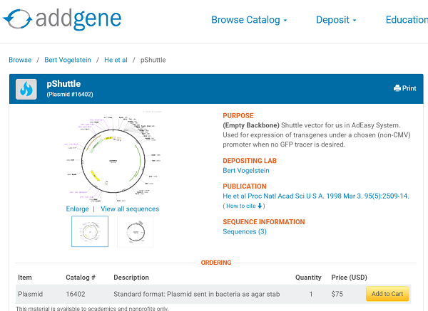 addgene-pshuttle-gene-sequence