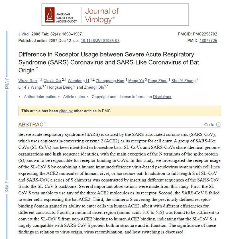 Difference in Receptor between SARS Coronavirus and SARS like of Bat