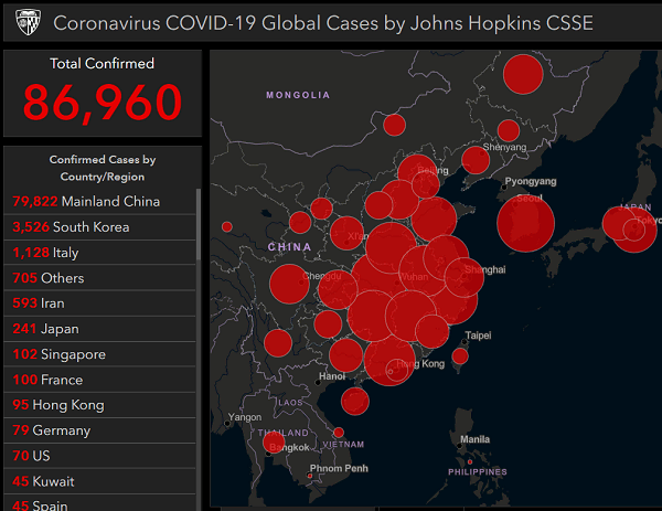 coronavirus cases by john hopkins 2020-02-29 